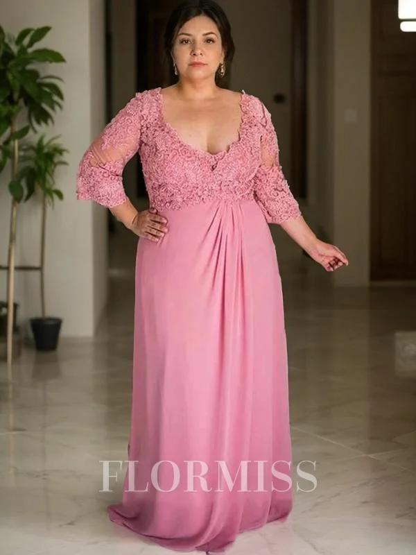 A-Line/Princess V-neck Sweep Train Chiffon Mother of the Bride Dresses With Appliques Lace