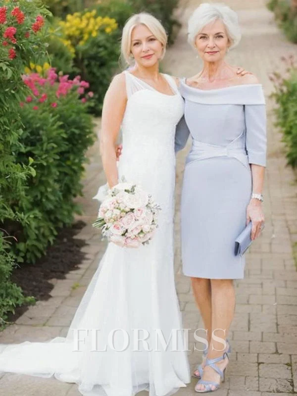 Sheath/Column Off-the-Shoulder Knee-Length Satin Mother of the Bride Dresses With Ruffles