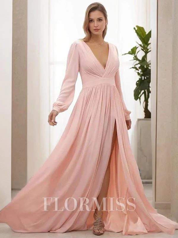 A-Line/Princess V-neck Sweep Train Chiffon Mother of the Bride Dresses With Leg Slit