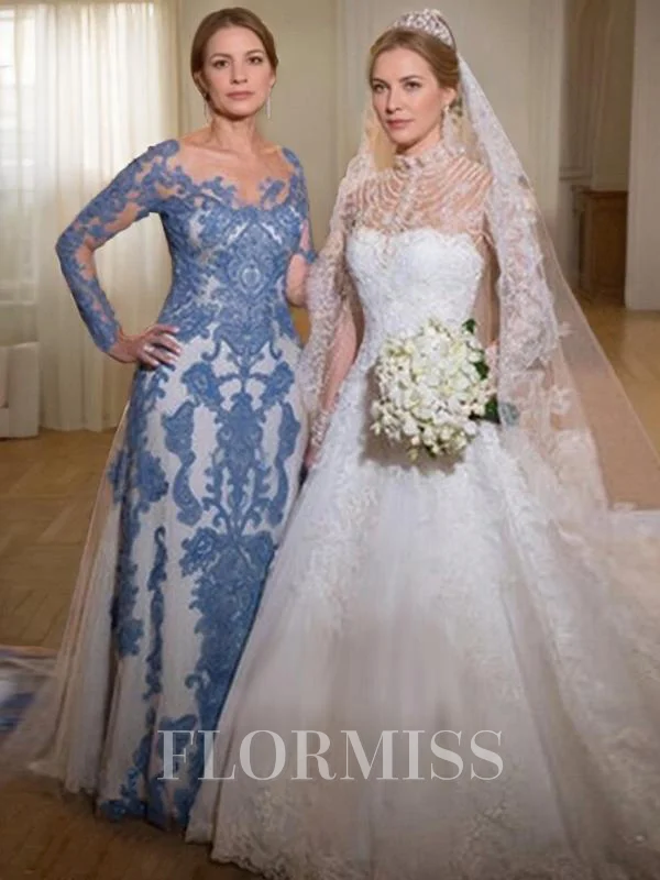 Sheath/Column Scoop Sweep Train Tulle Mother of the Bride Dresses With Lace