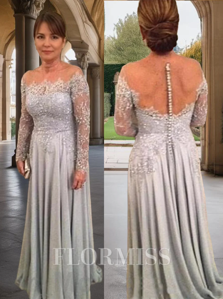 A-Line/Princess Scoop Sweep Train Chiffon Mother of the Bride Dresses With Lace