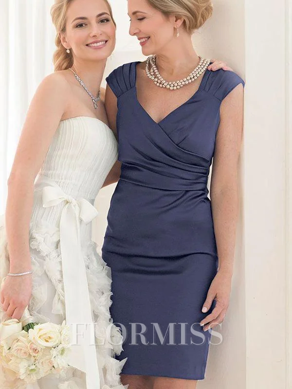 Sheath/Column V-neck Knee-Length Charmeuse Mother of the Bride Dresses With Ruffles