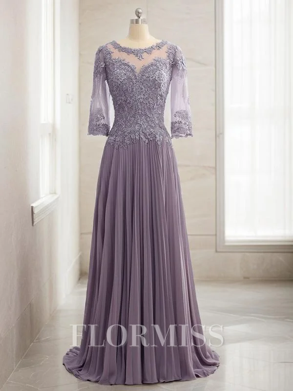 A-Line/Princess Scoop Sweep Train Chiffon Mother of the Bride Dresses With Lace