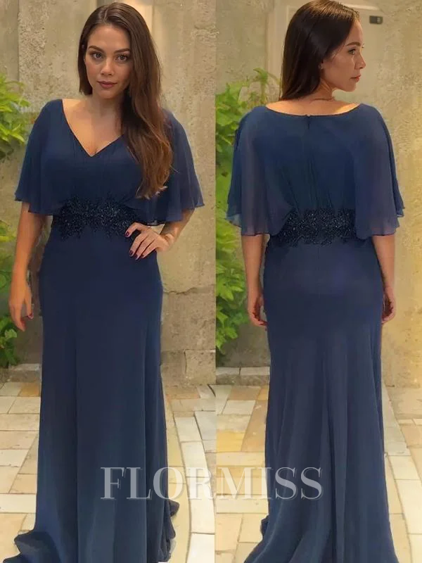 Sheath/Column V-neck Sweep Train Chiffon Mother of the Bride Dresses With Appliques Lace