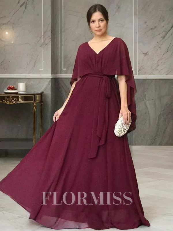 A-Line/Princess V-neck Floor-Length Chiffon Mother of the Bride Dresses With Belt/Sash