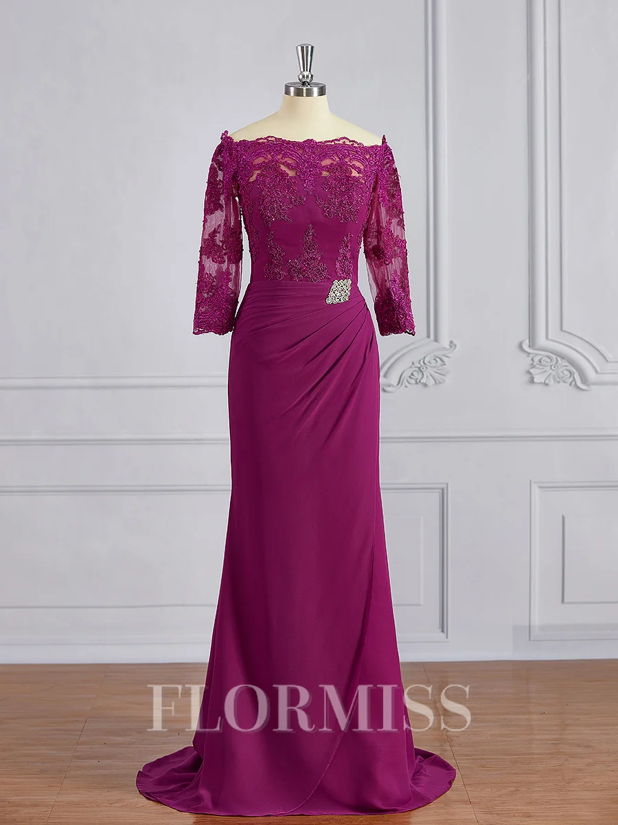 Sheath/Column Off-the-Shoulder Sweep Train Mother of the Bride Dresses With Appliques Lace