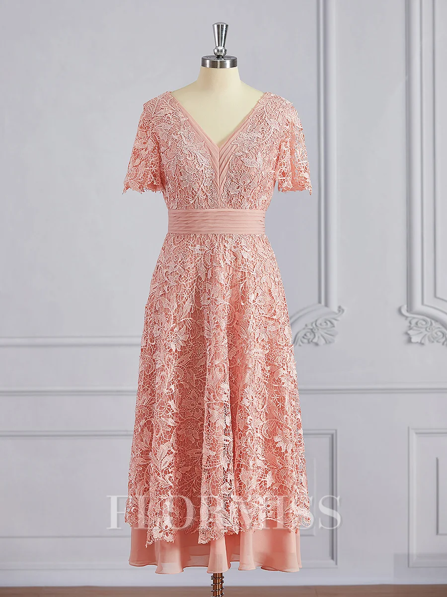A-Line/Princess V-neck Tea-Length Chiffon Mother of the Bride Dresses With Appliques Lace