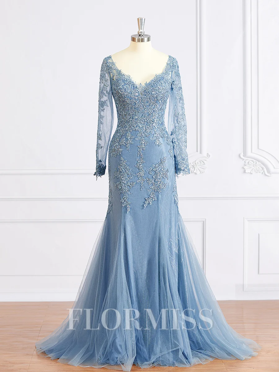 Sheath/Column V-neck Sweep Train Tulle Mother of the Bride Dresses With Appliques Lace