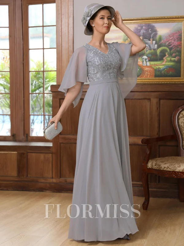 A-Line/Princess V-neck Floor-Length Chiffon Mother of the Bride Dresses With Applique