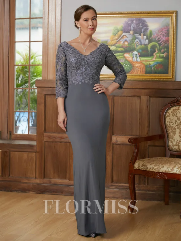 Sheath/Column V-neck Floor-Length Jersey Mother of the Bride Dresses With Lace Applique