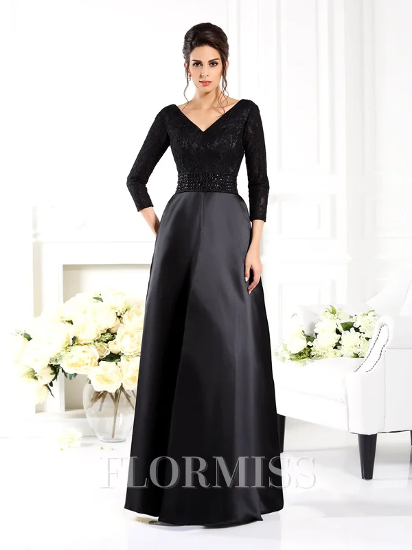 A-Line/Princess V-neck Floor-Length Satin Mother of the Bride Dresses With Beading