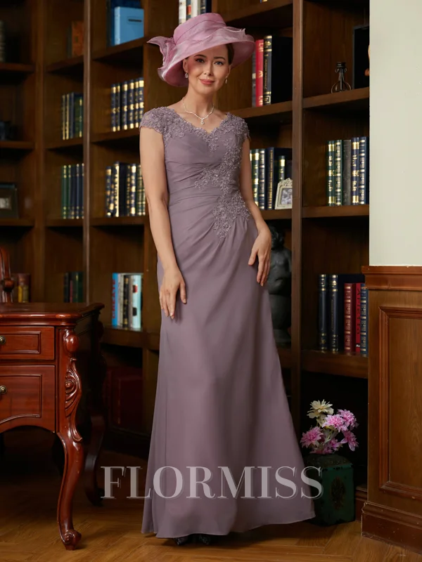Sheath/Column V-neck Floor-Length Chiffon Mother of the Bride Dresses With Lace