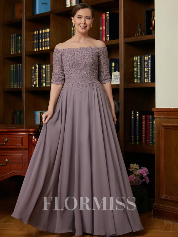 A-Line/Princess Off-the-Shoulder Floor-Length Chiffon Mother of the Bride Dresses With Applique
