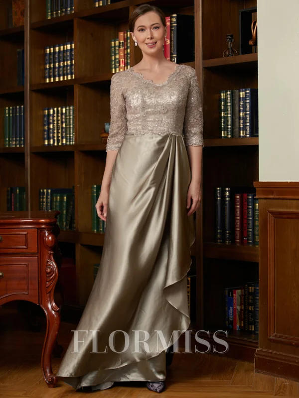A-Line/Princess V-neck Satin Sweep Train Mother of the Bride Dresses With Lace