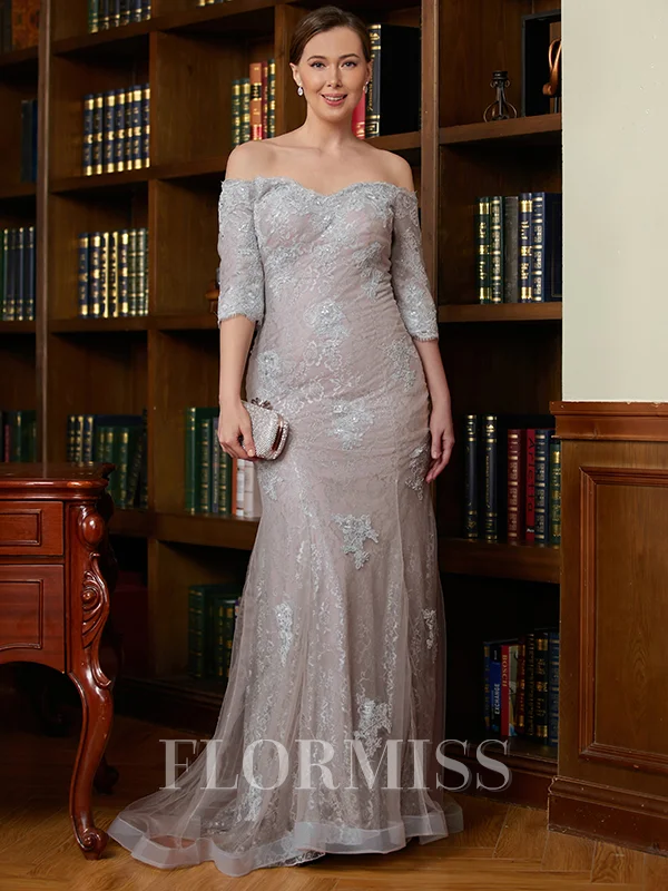 Sheath/Column Off-the-Shoulder Sweep Train Lace Applique Mother of the Bride Dresses