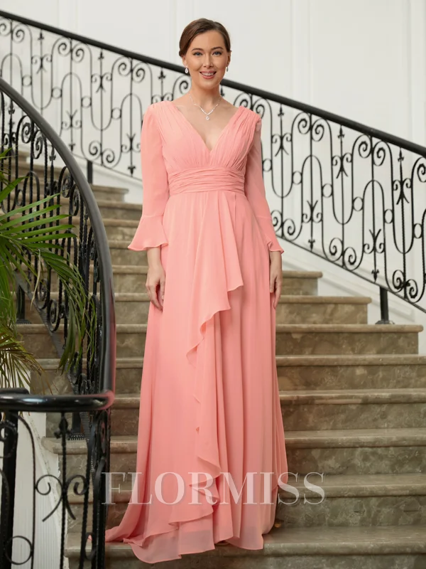A-Line/Princess V-neck Sweep Train Chiffon Mother of the Bride Dresses With Ruffles