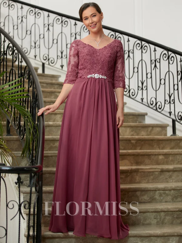 A-Line/Princess V-neck Floor-Length Chiffon Mother of the Bride Dresses With Lace