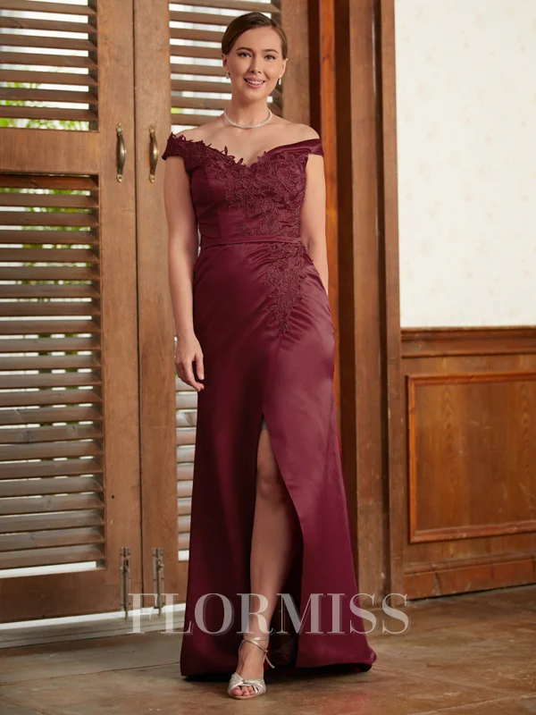 Sheath/Column Off-the-Shoulder Sweep Train Satin Mother of the Bride Dresses With Applique