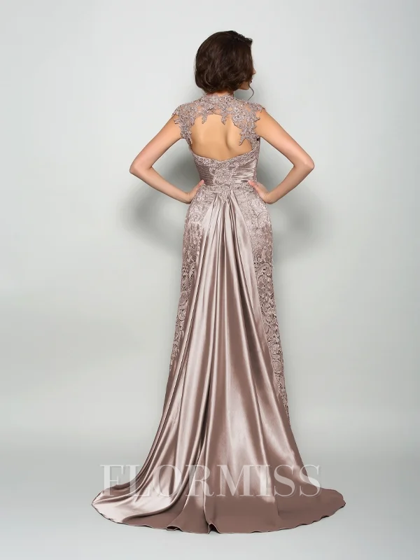 A-Line/Princess High Neck Court Train Silk Like Satin Mother of the Bride Dresses