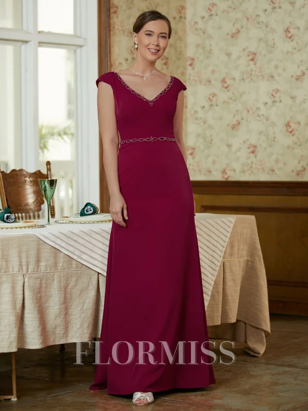 Sheath/Column V-neck Floor-Length Stretch Crepe Mother of the Bride Dresses With Beading