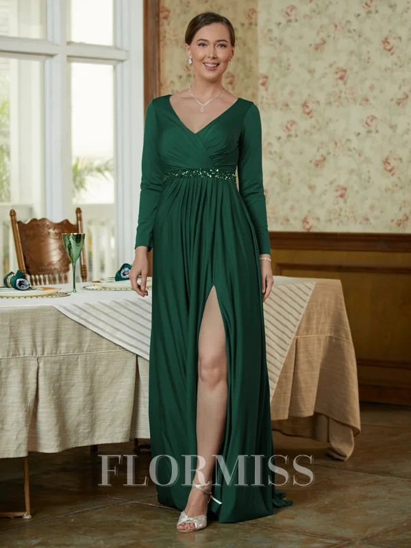 A-Line/Princess V-neck Sweep Train Jersey Mother of the Bride Dresses With Beading