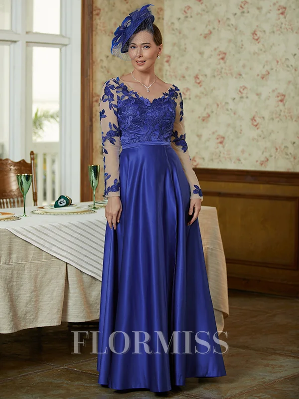 A-Line/Princess V-neck Floor-Length Satin Floor-Length With Applique