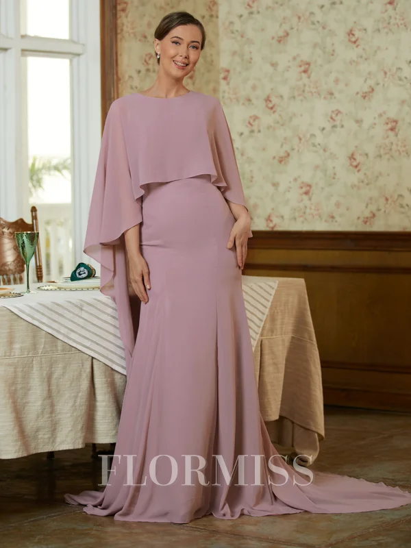 Sheath/Column Scoop Sweep Train Chiffon Mother of the Bride Dresses With Ruffles