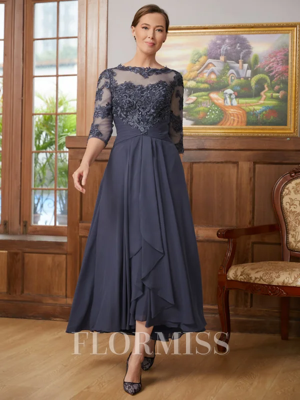 A-Line/Princess Scoop Asymmetrical Chiffon Mother of the Bride Dresses With Applique