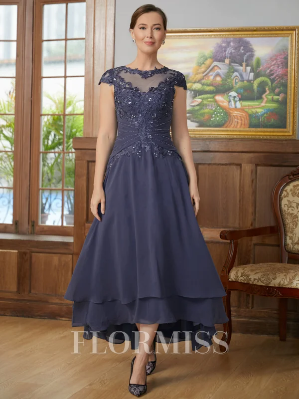 A-Line/Princess Scoop Asymmetrical Chiffon Mother of the Bride Dresses With Applique