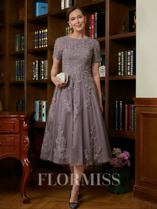 A-Line/Princess Scoop Tea-Length Chiffon Mother of the Bride Dresses With Lace