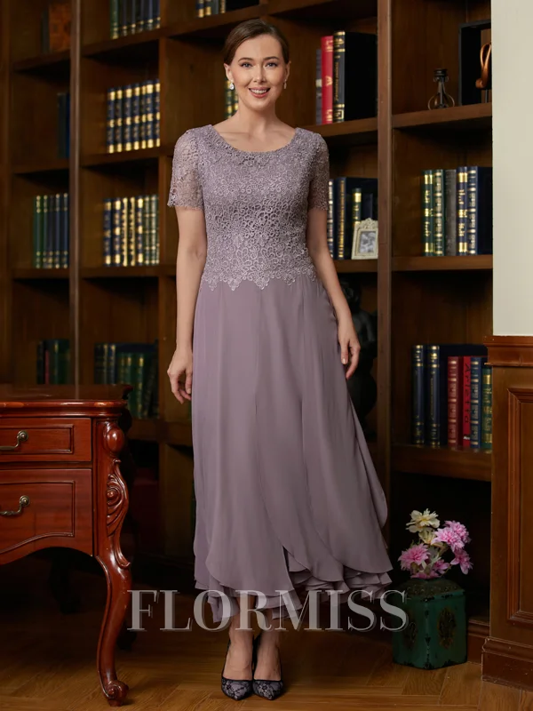 A-Line/Princess Scoop Ankle-Length Chiffon Mother of the Bride Dresses With Lace
