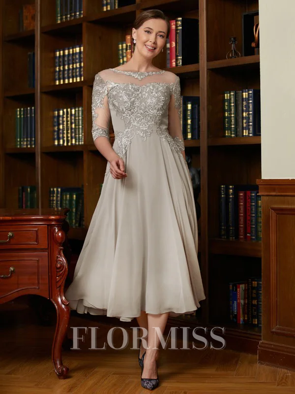 A-Line/Princess Scoop Tea-Length Chiffon Mother of the Bride Dresses With Lace