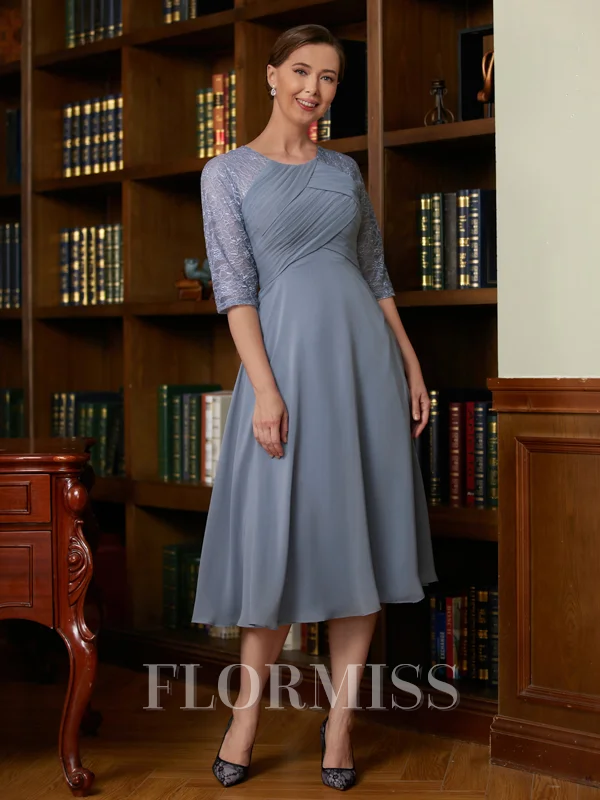 A-Line/Princess Scoop Tea-Length Chiffon Mother of the Bride Dresses With Lace