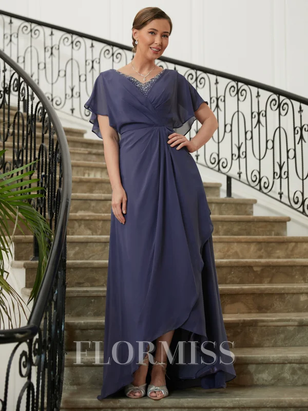 A-Line/Princess V-neck Asymmetrical Chiffon Mother of the Bride Dresses With Beading