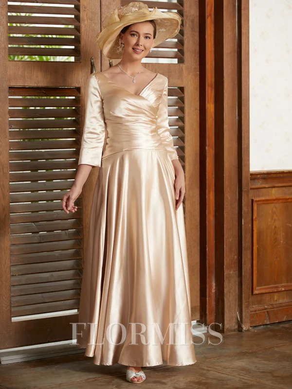 A-Line/Princess V-neck Ankle-Length Silk Like Satin Mother of the Bride Dresses With Ruffles