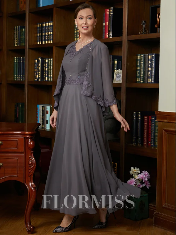 A-Line/Princess V-neck Ankle-Length Chiffon Mother of the Bride Dresses With Applique