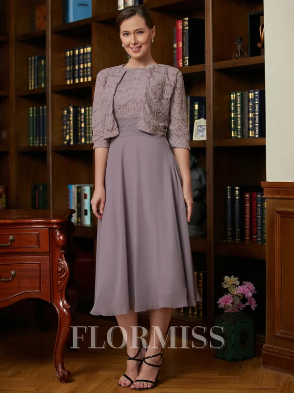 A-Line/Princess Scoop Tea-Length Chiffon Mother of the Bride Dresses With Lace