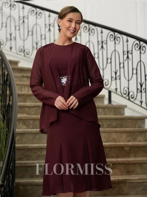 Sheath/Column Scoop Tea-Length Chiffon Mother of the Bride Dresses With Beading