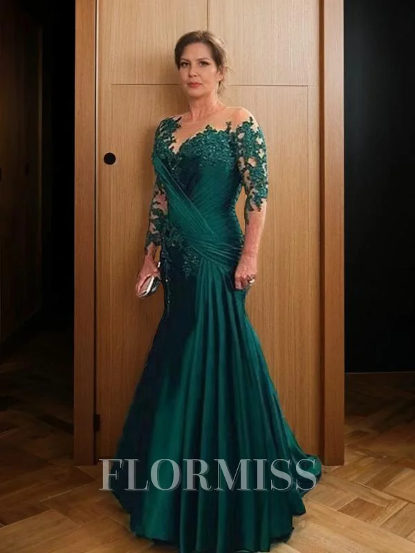 Sheath/Column Sheer Neck Sweep Train Satin Mother Of The Bride Dresses With Applique