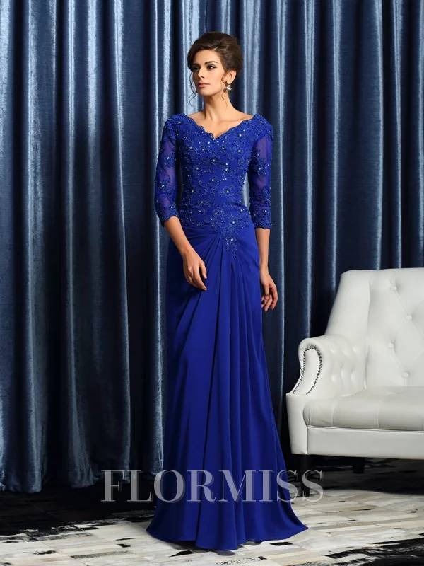 A-Line/Princess V-neck Sweep Train Chiffon Mother of the Bride Dresses With Appliques Lace