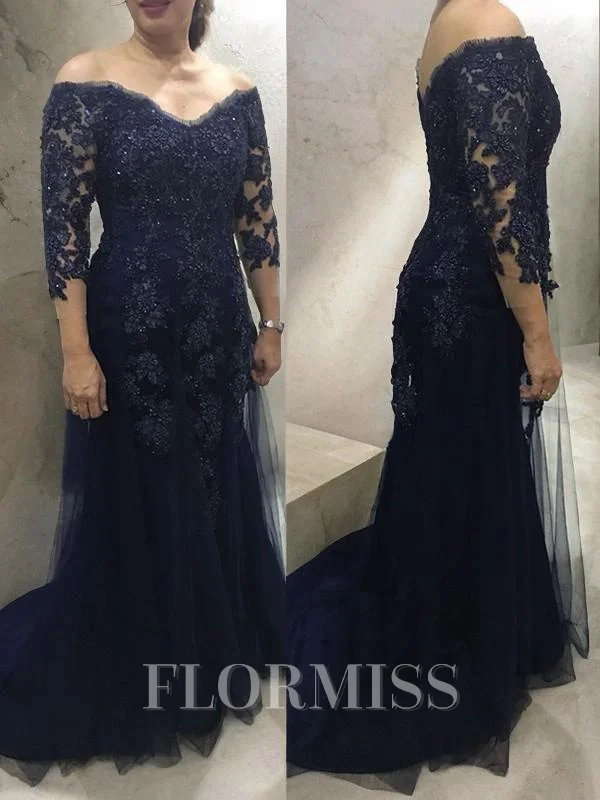 Sheath/Column Off-the-Shoulder Sweep Train Tulle Mother of the Bride Dresses With Lace