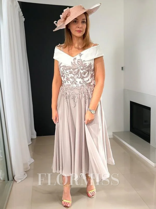 A-line/Princess Bateau Tea-Length Chiffon Mother of the Bride Dresses With Applique
