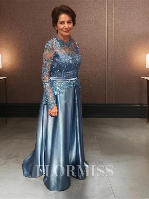 A-Line/Princess Scoop Sweep Train Silk Like Satin Mother of the Bride Dresses With Applique