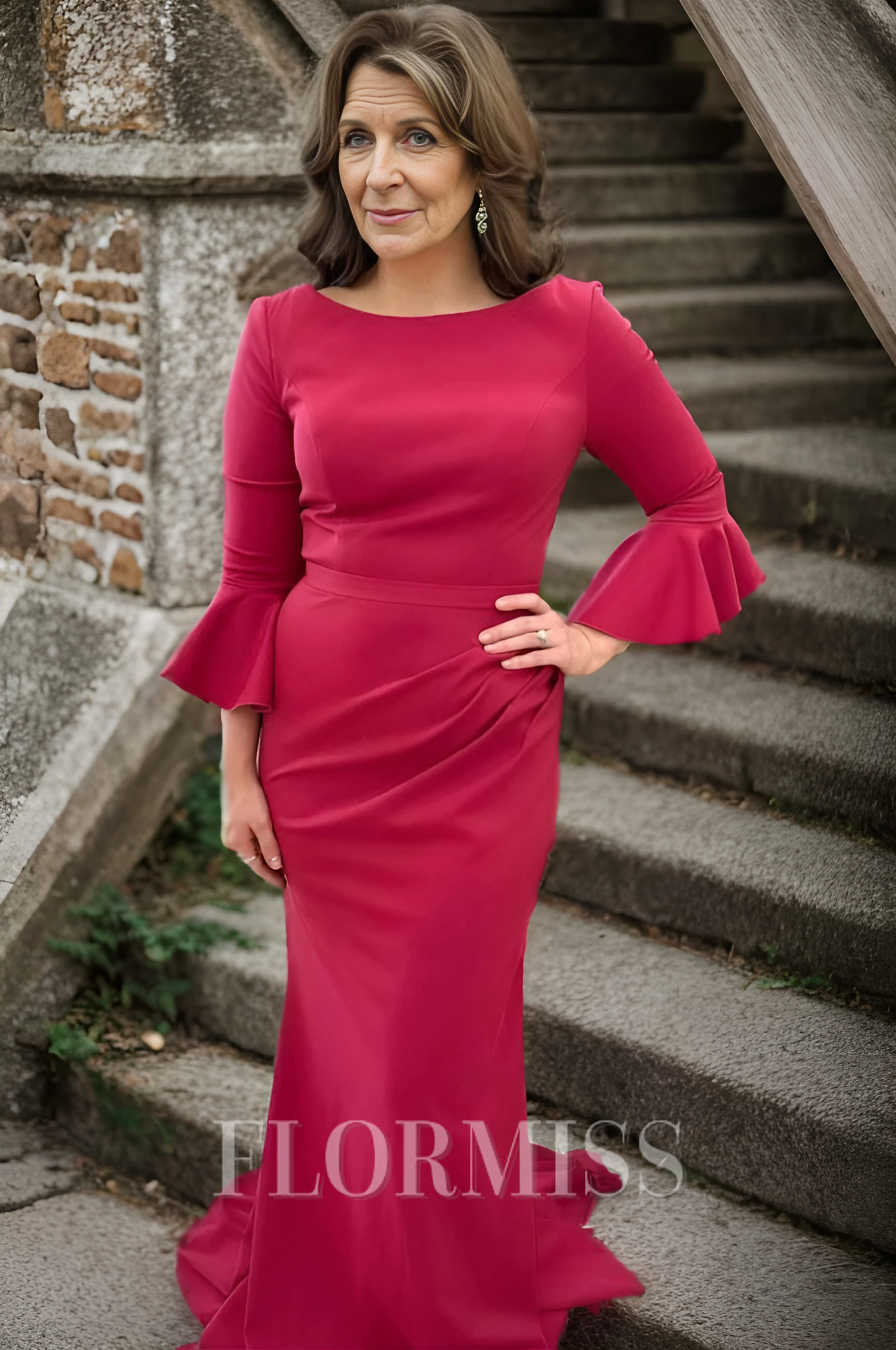 Sheath Scoop 3/4 Sleeves Pleated Sweep Train Charmeuse Mother of the Bride Dress