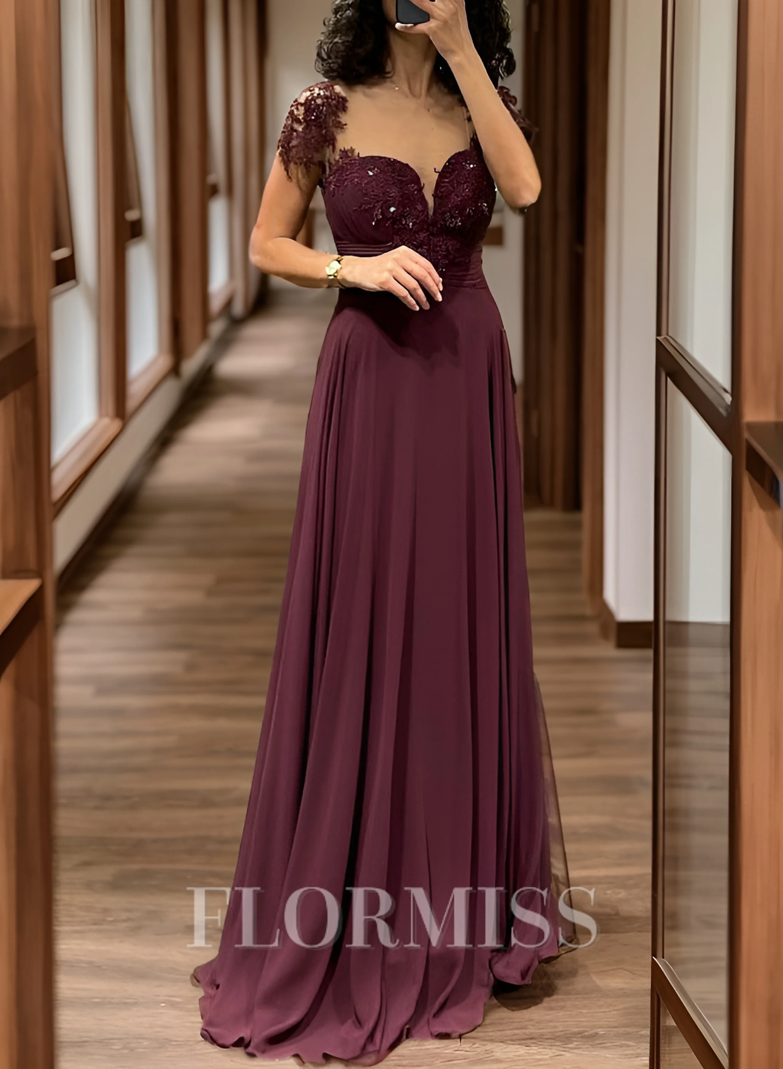 A-line Sweetheart Short Sleeves Appliques Lace Floor-Length Chiffon Mother of the Bride Dress