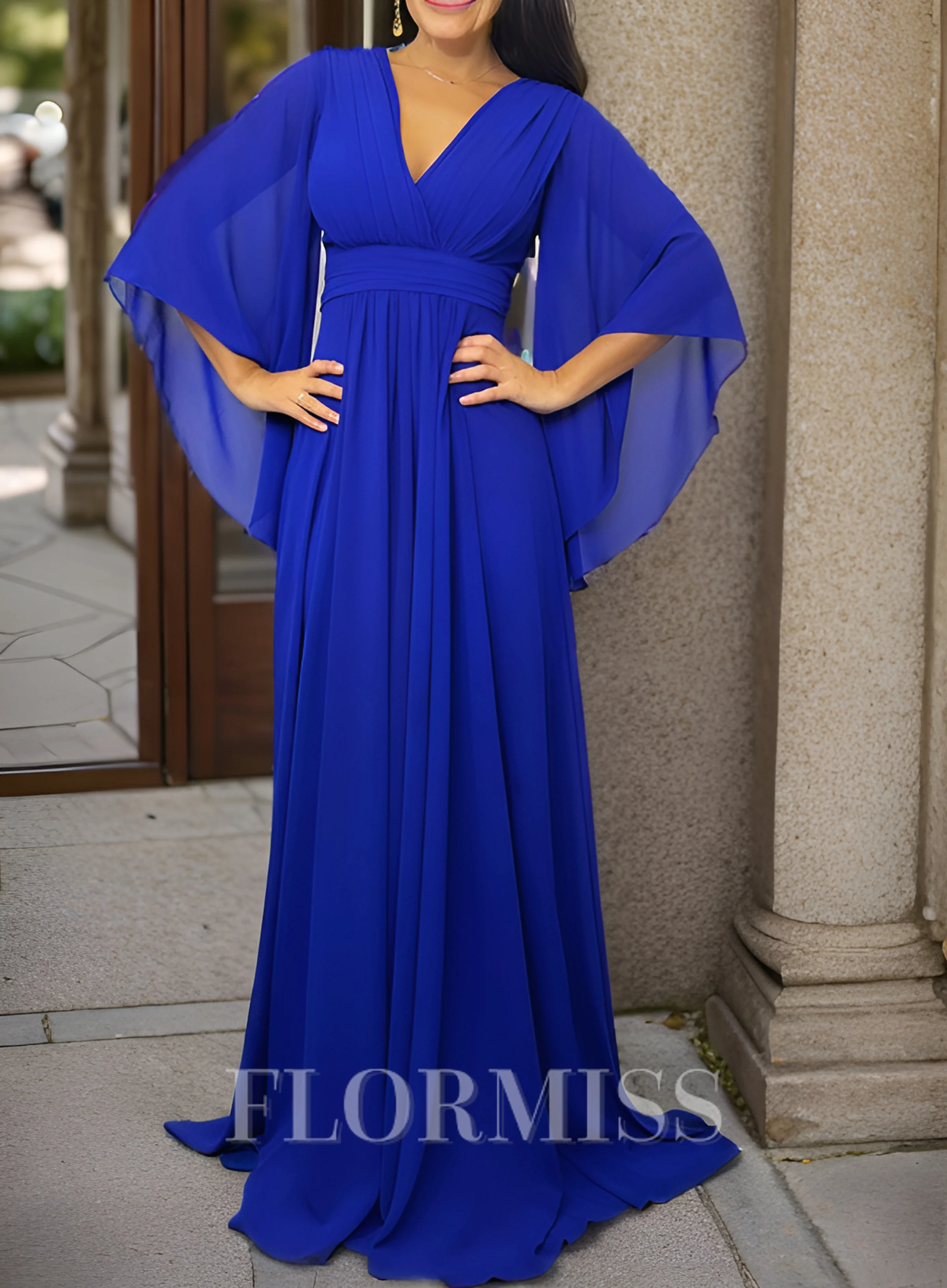 A-line V-neck 3/4 Sleeves Pleated Floor-Length Chiffon Mother of the Bride Dress