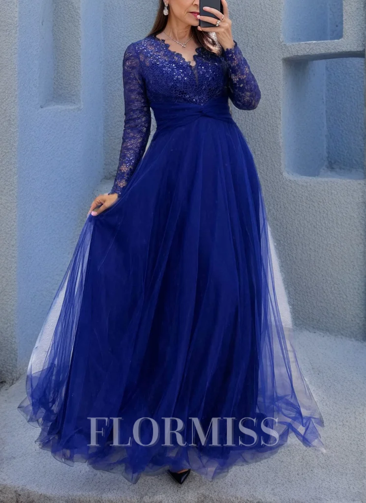 A-line V-neck Long Sleeves Appliques Lace Floor-Length Tulle Mother of the Bride Dress