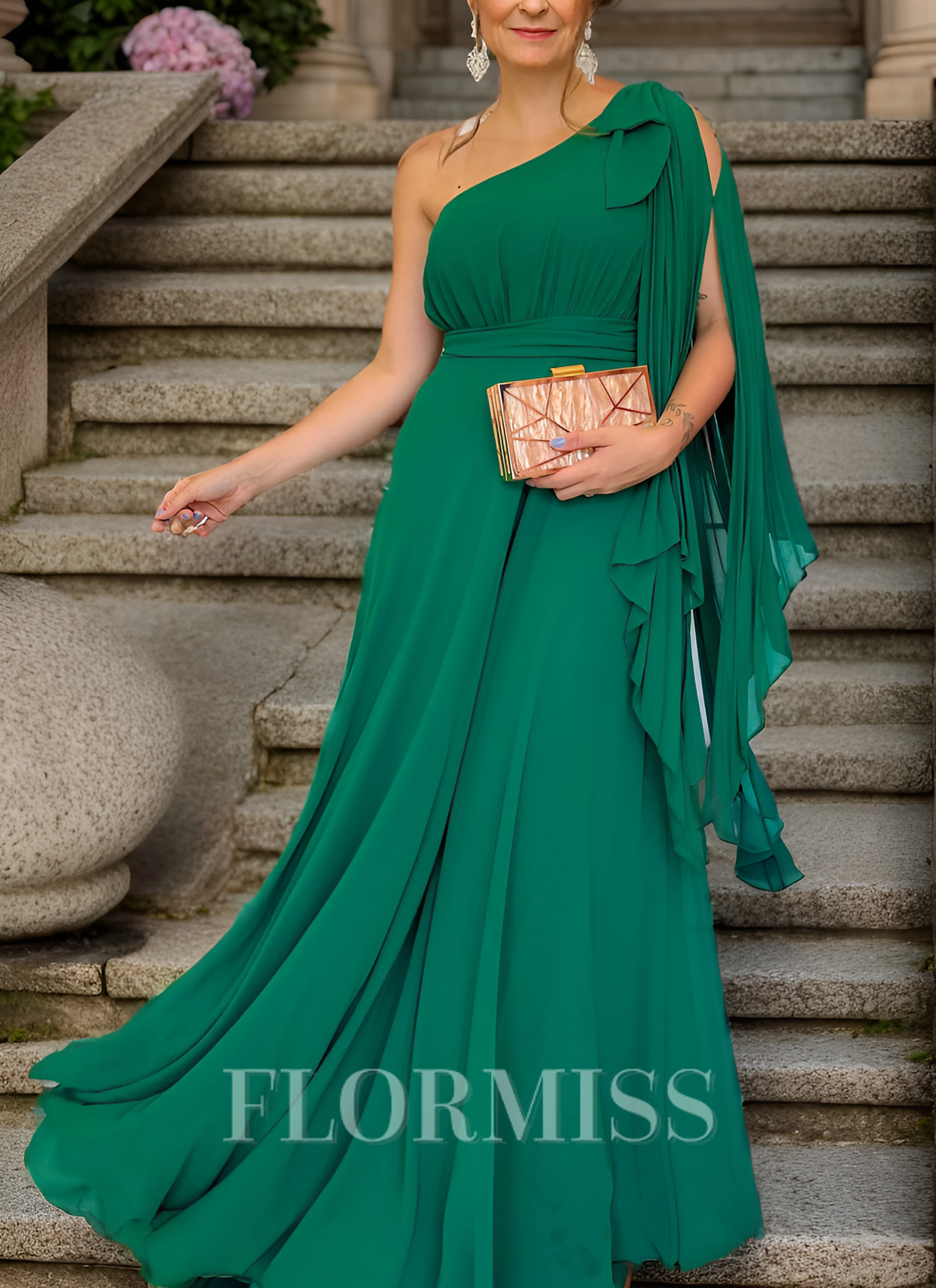 A-line One-Shoulder Pleated Floor-Length Chiffon Mother of the Bride Dress
