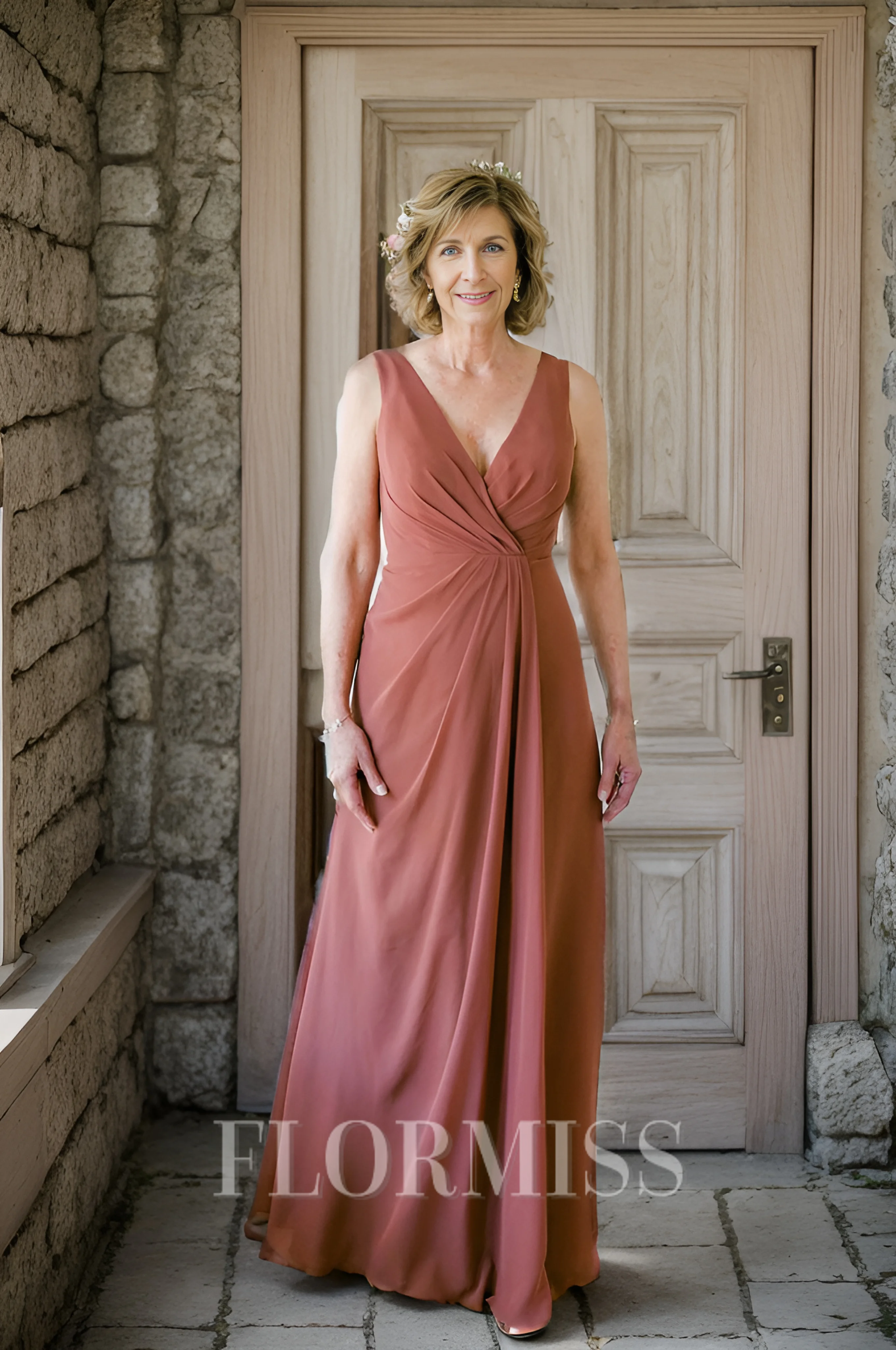 A-line V-neck Pleated Floor-Length Chiffon Mother of the Bride Dress