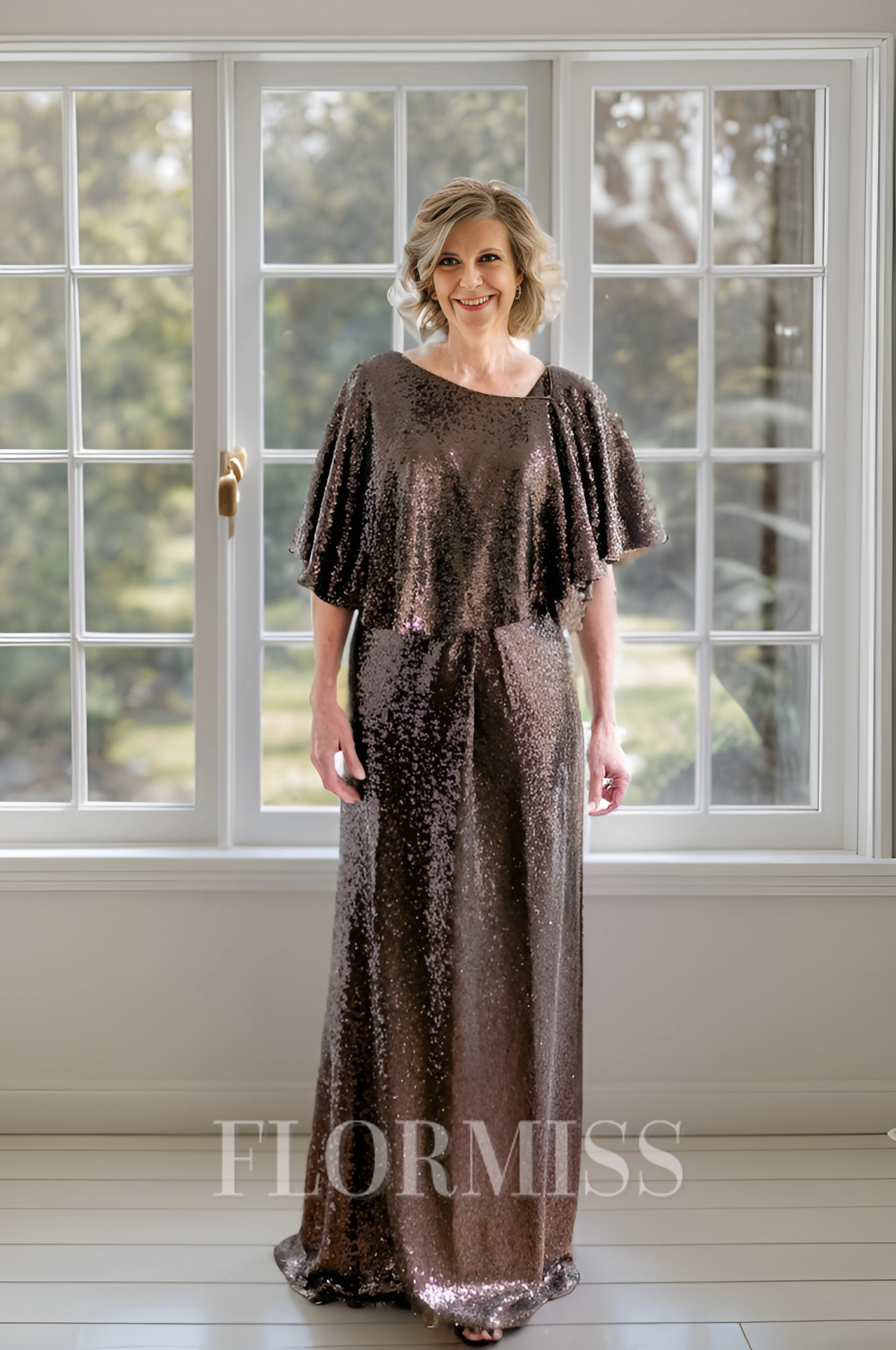 Sheath Scoop Short Sleeves  Floor-Length Sequins Mother of the Bride Dress